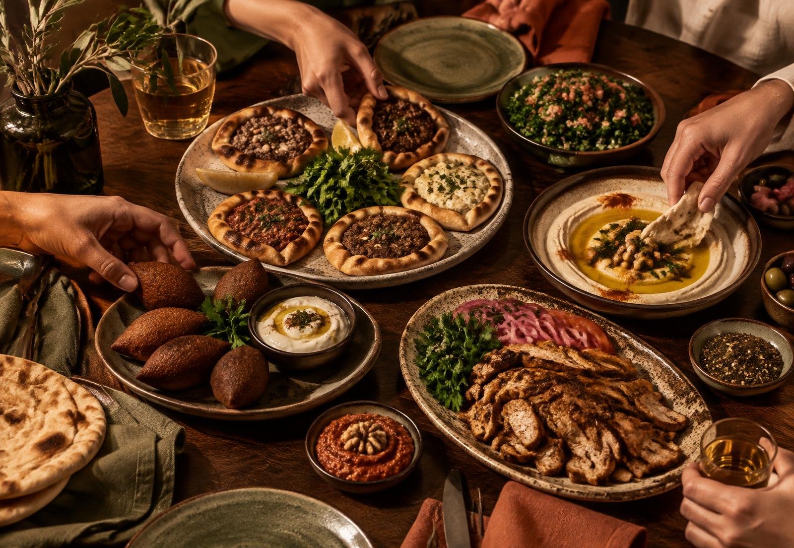 Mesa com esfihas, kibes, pastas e outros sabores árabes para compartilhar